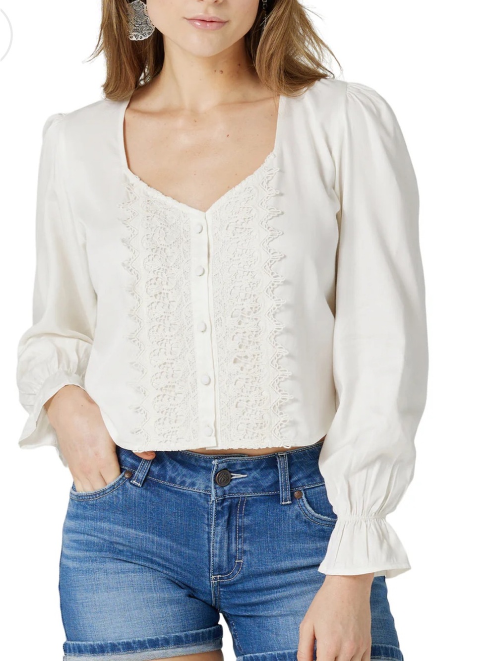 Wrangler Retro Western XXL White Long Sleeve Shirt NWT Boho Lace Detail Cottage